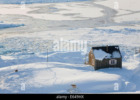 Tiniteqilaq et la glace de mer en hiver, E. Greenland Banque D'Images