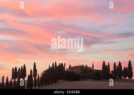 Gîte rural et de cyprès au coucher du soleil, Toscane, Italie Banque D'Images