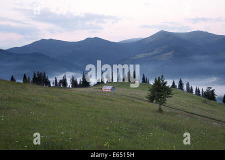 Montagnes paysage rural avant le lever du soleil. Carpates, Ukraine Banque D'Images