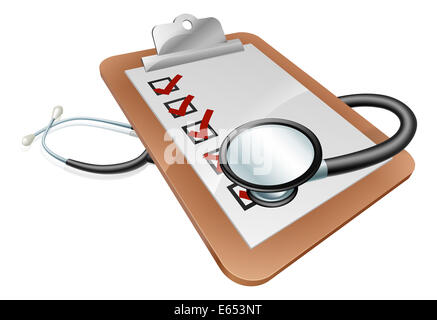 Concept Cliboard stéthoscope et relatives aux résultats de tests médicaux, l'administration de l'hôpital, la rétroaction ou similaire Banque D'Images