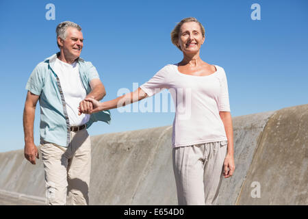 Happy senior couple walking on the pier Banque D'Images