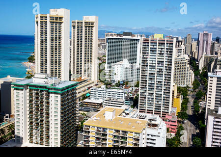 Honolulu Hawaii,Oahu,Hawaiian,Waikiki Beach,Pacific Ocean,Resort,High Rise,building,hôtels,condominiums,USA,US,Etats-Unis,Etats-Unis,Amérique Polynéesi Banque D'Images