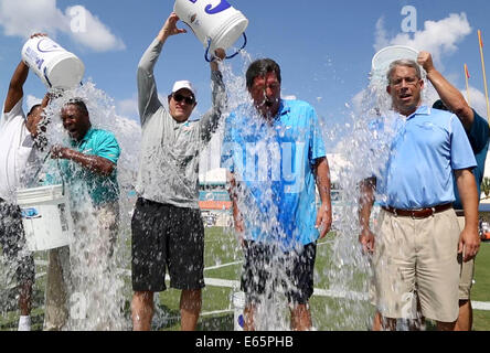 14 août 2014 - Davie, Floride, États-Unis - L-R Miami Dolphin, personnel, PDG, NAT MOORE TOM GARFINKEL, ancien quarterback, DAN MARINO, et directeur général, DENNIS HICKEY prendre part dans le seau à glace Défi pour recueillir de l'argent pour le camp d'entraînement des Dauphins à L.N.T.. (Crédit Image : © Allen Eyestone/Le Palm Beach Post/Zuma sur le fil) Banque D'Images