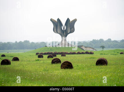 Jasenovac, Croatie. 6e août, 2014. Une photo montre le Monument de fleurs au Mémorial de Jasenovac Jasenovac en Croatie, le Site, le 6 août 2014. Le site du mémorial de Jasenovac Memorial Museum a été ouvert en 1968 à proximité du site original de l'ancien camp de concentration d'Oustachi. D'innombrables juifs, tziganes, Serbes, Croates, et d'autres ont perdu leur vie dans le tristement célèbre camp de la mort de 1941 à 1945. © Lisanin Miso/Xinhua/Alamy Live News Banque D'Images