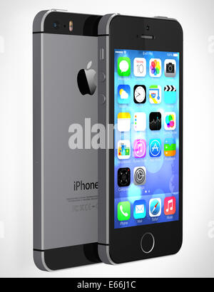 Galati, Roumanie - 12 août 2014 : Apple iPhone 5s montrant l'écran d'accueil avec iOS7. Certaines des nouvelles fonctionnalités de l'iPhone 5s Banque D'Images
