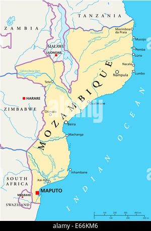 Carte politique du Mozambique Maputo, capitale avec avec les frontières nationales, la plupart des grandes villes, rivières et lacs. L'étiquetage en anglais. Banque D'Images