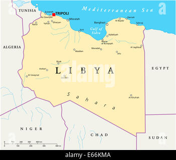 Carte Politique de la Libye avec capitale Tripoli, avec des frontières nationales et la plupart des villes importantes. Illustration avec l'étiquetage en anglais Banque D'Images