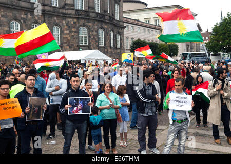 Copenhague, Danemark - Août 16th, 2014 : Kurdes démontre devant le parlement danois à Copenhague contre ISIS (Etat islamique) de la guerre et d'atrocités en Irak. Cela se produit 2 jours après le gouvernement danois a décidé de rejoindre les Etats-Unis ont conduit l'opération militaire et humanitaire en Iraq. L'assistance est pour le moment composé d'un avion de transport Hercules et c'est soutenir plus de détails. Credit : OJPHOTOS/Alamy Live News Banque D'Images