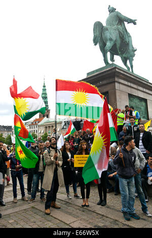 Copenhague, Danemark - Août 16th, 2014 : Kurdes démontre devant le parlement danois à Copenhague contre ISIS (Etat islamique) de la guerre et d'atrocités en Irak. Cela se produit 2 jours après le gouvernement danois a décidé de rejoindre les Etats-Unis ont conduit l'opération militaire et humanitaire en Iraq. L'assistance est pour le moment composé d'un avion de transport Hercules et c'est soutenir plus de détails. Credit : OJPHOTOS/Alamy Live News Banque D'Images