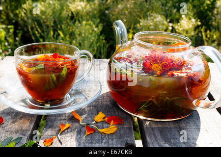 Marigold thé plante en verre et une théière sur un bureau en bois tableau à la nature Banque D'Images