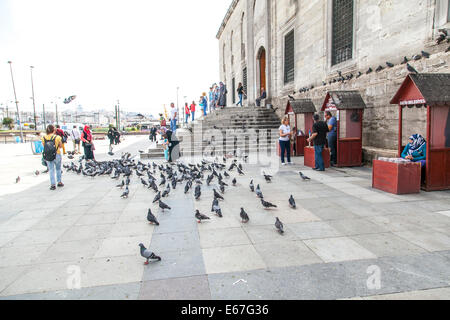 Nourrir les pigeons en face de Yeni Mosque par le marché aux épices à Istanbul Banque D'Images