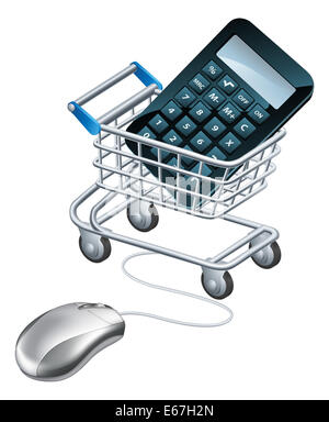 Comptable en ligne concept, une souris d'ordinateur relié à un supermarché panier chariot avec une calculatrice en elle. Banque D'Images
