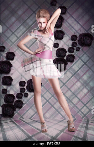 L'Art Moderne femme en robe à carreaux sur fond abstrait Banque D'Images