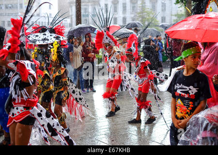 Nottingham, UK.17 août 2014. Le défilé de carnaval coloré a eu lieu aujourd'hui avec plus de 18 compagnies prenant part.L'atmosphère malgré de fortes averses ,après une marche à travers le centre ville le défilé inscrivez-vous sur la forêt de divertissement des caraïbes recreation ground. Crédit : Ian Francis/Alamy Live News Banque D'Images
