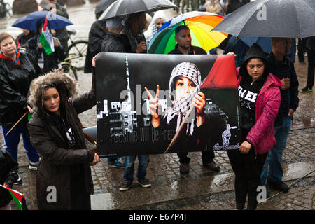 Copenhague, Danemark. 17 août, 2014. Malgré une pluie de centaines de se rassembler dans un Futurama correspondent à la paix à l'appui d'enfants de Gaza et contre la guerre israélienne dans leur pays. La marche pour la paix a pris fin devant le parlement danois, Christiansborg, après une longue promenade de 2 heures à travers la ville. Le texte sur le panneau noir membres : 'La Palestine sera libre". Credit : OJPHOTOS/Alamy Live News Banque D'Images