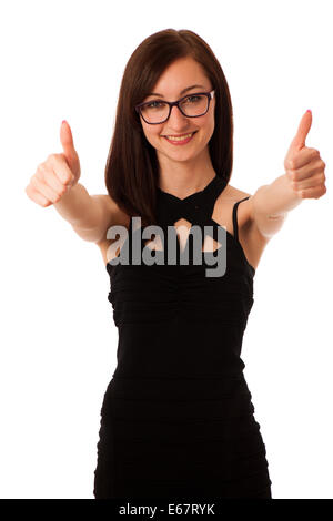 Young woman showing thumb up isolé sur fond blanc Banque D'Images