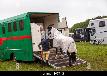 Le Comté de Staffordshire Show, 2014, Staffordshire en Angleterre, Royaume-Uni. Deux femme menant un cheval au horsebox. Banque D'Images