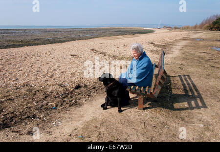 Chien Senior Walker assis sur un banc au bord de la mer Banque D'Images