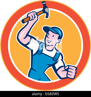 Illustration d'un Charpentier constructeur construction worker holding hammer face sur fond isolé situé à l'intérieur du cercle fait en style cartoon. Banque D'Images