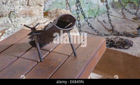 Château de SPISSKY, SLOVAQUIE - Juillet 19, 2014 : Le highboot pour la torture d'oubliette du château. Banque D'Images