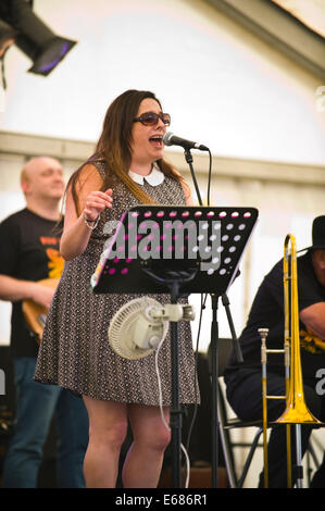 Live music chanteuse avec Mike Harries racines médecins groupe sur scène à Brecon Jazz Festival 2014 Banque D'Images