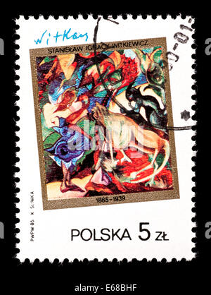 Timbre-poste de la Pologne représentant une peinture de Slanislaw Ignace Witkiewicz, 'Marysia avec Burek à Ceylan". Banque D'Images
