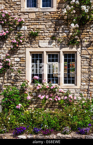 Cotswold cottage en pierre avec des fenêtres à meneaux, avant fenêtres à petits carreaux, rosiers grimpants et un joli jardin à l'avant. Banque D'Images