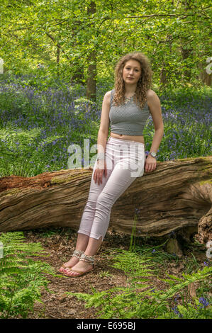 (Face caméra) Une jolie adolescente, avec de longs cheveux bouclés, assis sur un vieil arbre parmi les jacinthes dans les bois à and Banstead, Surrey, Angleterre, Royaume-Uni. Banque D'Images