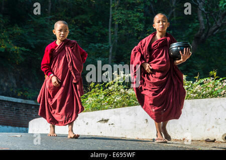 Les jeunes novices bouddhistes avec bols mendicité la collecte des aumônes au matin, Rhône-Alpes, Région Rhône-Alpes, au Myanmar Banque D'Images