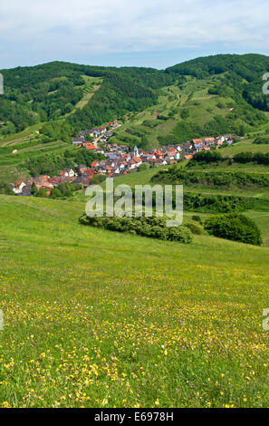 Vue du Mt Badberg du village de Schelingen, Vogtsburg, de montagnes de Kaiserstuhl, Bade-Wurtemberg, Allemagne Banque D'Images