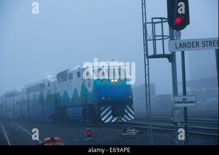 En train gare de brouillard Banque D'Images