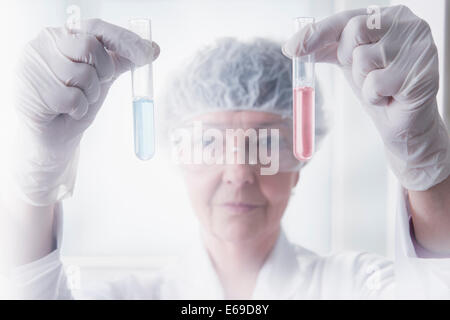 Young Scientist examining test tubes in lab Banque D'Images