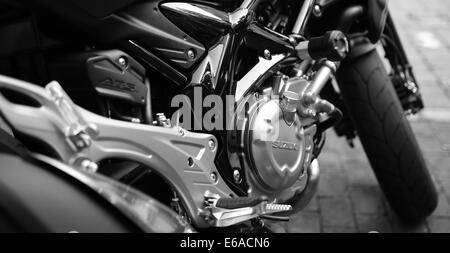 Cette image montre une moto Suzuki avec un cylindre argenté brillant et une finition métallique. Le gros plan met en évidence le chrome poli et le design dynamique des composants du moteur de la moto. Banque D'Images