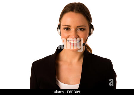 Preety happy asian caucasian business woman with headset isolated Banque D'Images