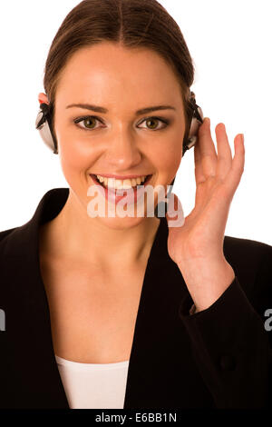 Preety happy asian caucasian business woman with headset isolated Banque D'Images