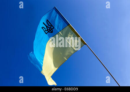 Drapeau ukrainien soufflant dans le vent avec un drapeau de trident Ukraine qui agite Banque D'Images