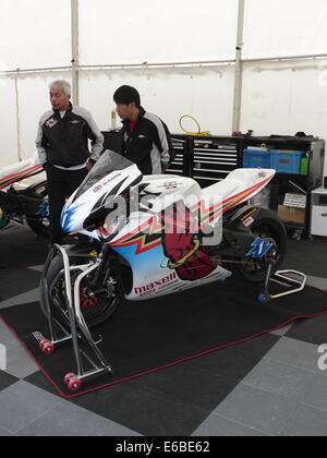 John McGuiness's Mugen de motos électriques dans le paddock pour l'île de Man TT 2014. Banque D'Images