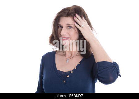 Créances douteuses et pensive young woman in blue isolé sur fond blanc. Banque D'Images