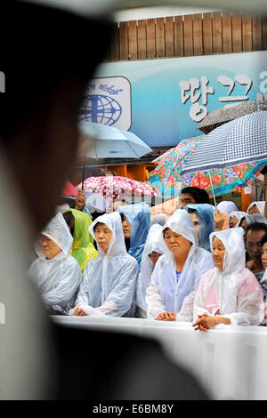 Foule de sympathisants de prier pendant le "fichage de la paix et de la réconciliation" à l'extérieur de la cathédrale de Myeong-dong à Séoul, Corée du Sud, le 18 août 2014./photo alliance Banque D'Images