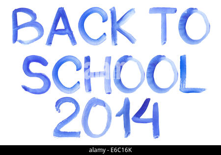 Aquarelle bleu manuscrites Message Retour à l'école isoler Fond blanc Banque D'Images