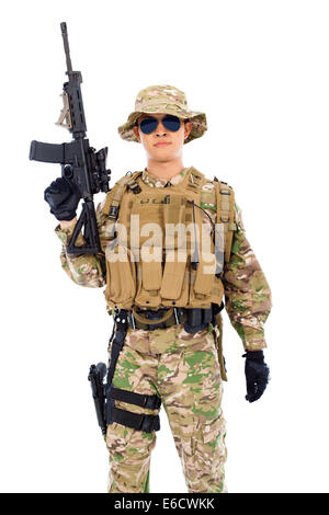Soldat au fusil sniper ou sur fond blanc Banque D'Images