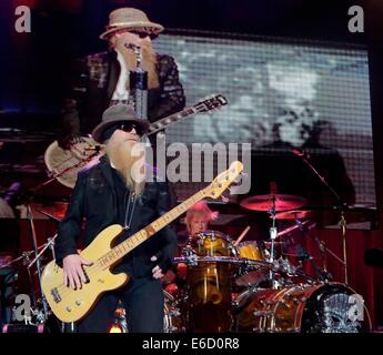 Englewood, Colorado, USA. 20e Août, 2014. DUSTY HILL, à gauche, de ZZ Top lors d'un concert à Fiddlers Green Amphitheatre mercredi soir. Credit : Hector Acevedo/ZUMA/Alamy Fil Live News Banque D'Images