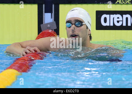 Berlin, Allemagne. 20e Août, 2014. Guy Barnea de Isareal réagit après le 50m dos lors de la 32e demi-finale du Championnat de natation 2014 européenne LEN au Velodrom à Berlin, Allemagne, 20 août 2014. Photo : Hannibal/dpa/Alamy Live News Banque D'Images