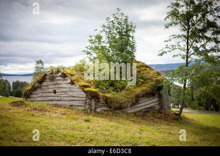 Vraiment vieux hangar en bois en Laponie, Suède. De plus en plus d'herbe sur le toit. Le hangar est en train de s'effondrer et remontant lentement à natu Banque D'Images