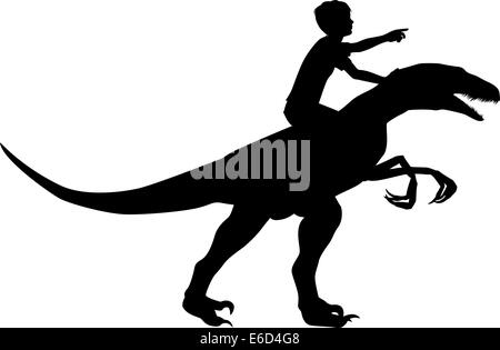 Silhouette d'un vecteur modifiable boy riding a velociraptor avec boy et dinosaur en tant qu'objets séparés Illustration de Vecteur