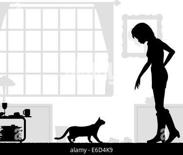 Silhouettes vecteur modifiable d'une femme et d'un chat à la maison Illustration de Vecteur