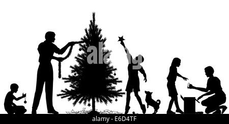 Silhouette vecteur modifiable d'une famille de décorer un arbre de Noël avec tous les éléments en tant qu'objets séparés Illustration de Vecteur