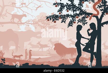 Silhouettes vecteur modifiable d'Adam et Eve dans le jardin d'Eden avec tous les chiffres en tant qu'objets séparés Illustration de Vecteur