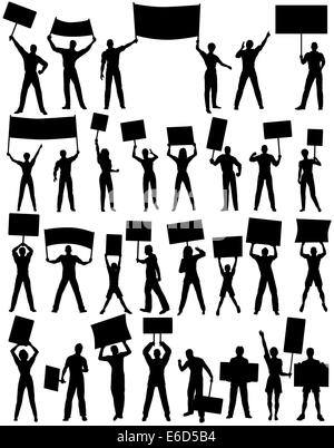 Jeu de silhouettes vecteur modifiable de manifestants et des bannières avec tous les éléments en tant qu'objets séparés Illustration de Vecteur