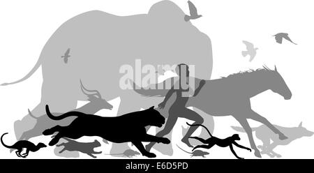 Silhouettes vecteur modifiable d'un homme qui court avec divers animaux Illustration de Vecteur